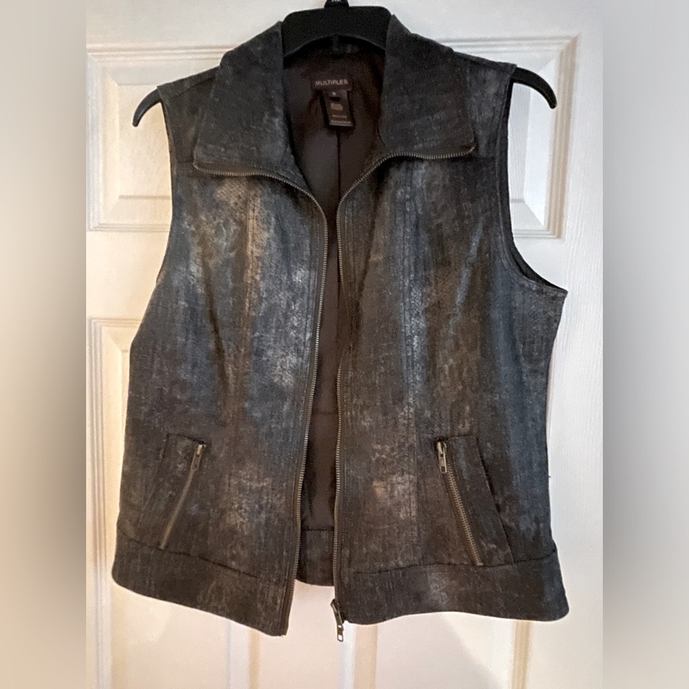 Snakeskin Design Dark Denim Vest Zip up with Pockets